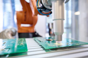 Industrie-Fotografie. Plasmastrahlbehandlung einer Platine