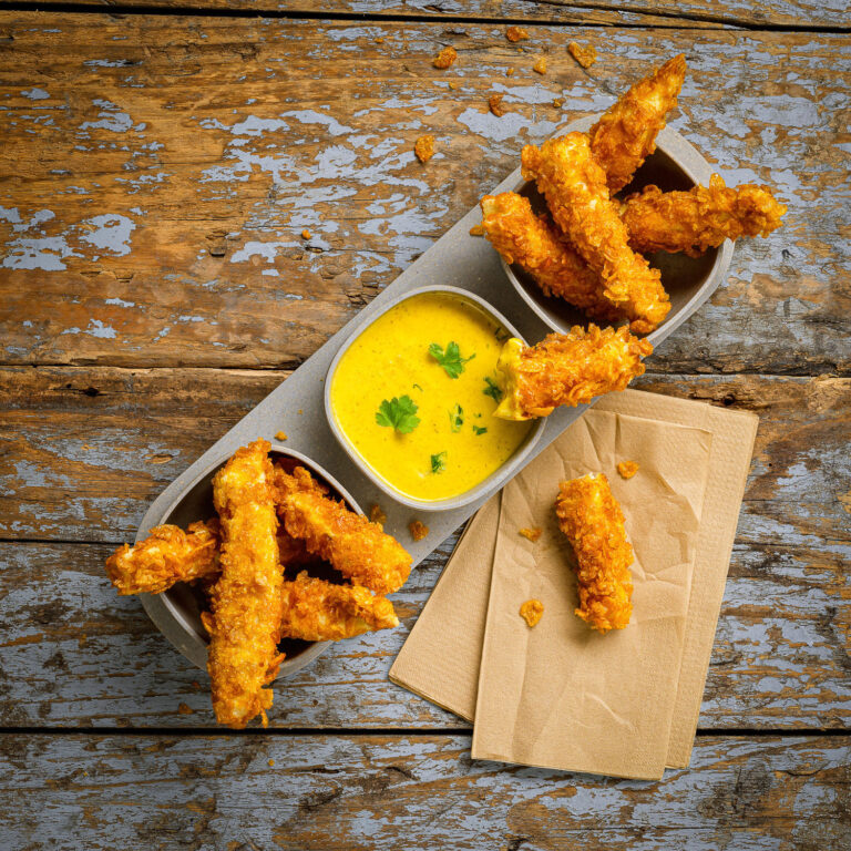 Food-Fotografie: Hähnchen-Sticks mit Curry Sauce - Kunde: Homann Saucen - Agentur: ATS Agentur für Werbung und Verkaufsförderung